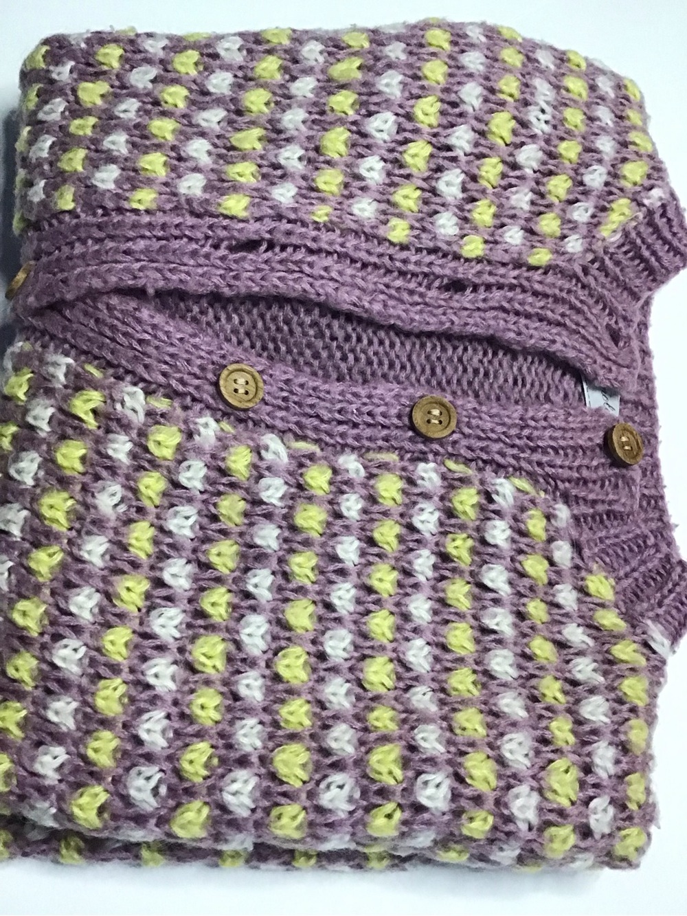 Women’s cozy vintage Lilac Knit cardigan Sweater Yellow & White Stitch Detail